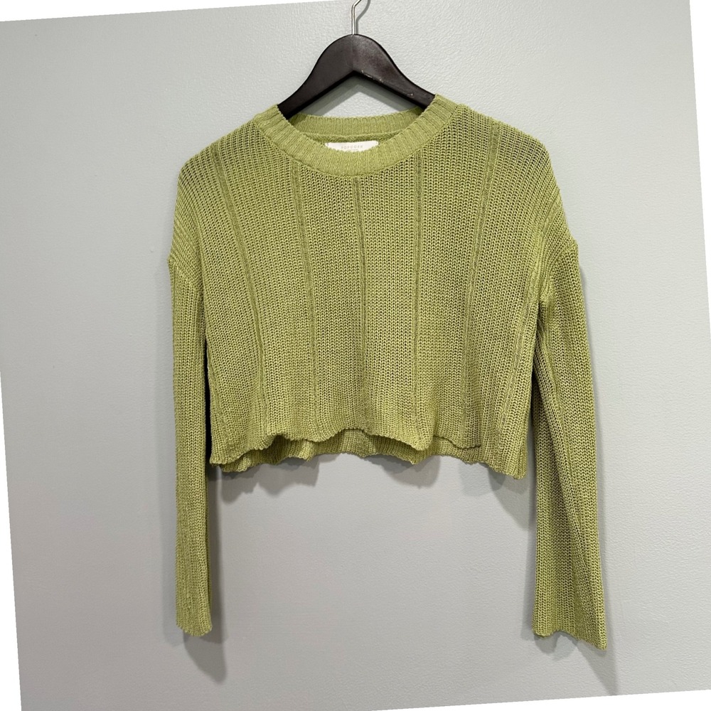 Popcorn Knit Cropped‎ Sweater Womens Green Long Sleeve Lightweight Pullover